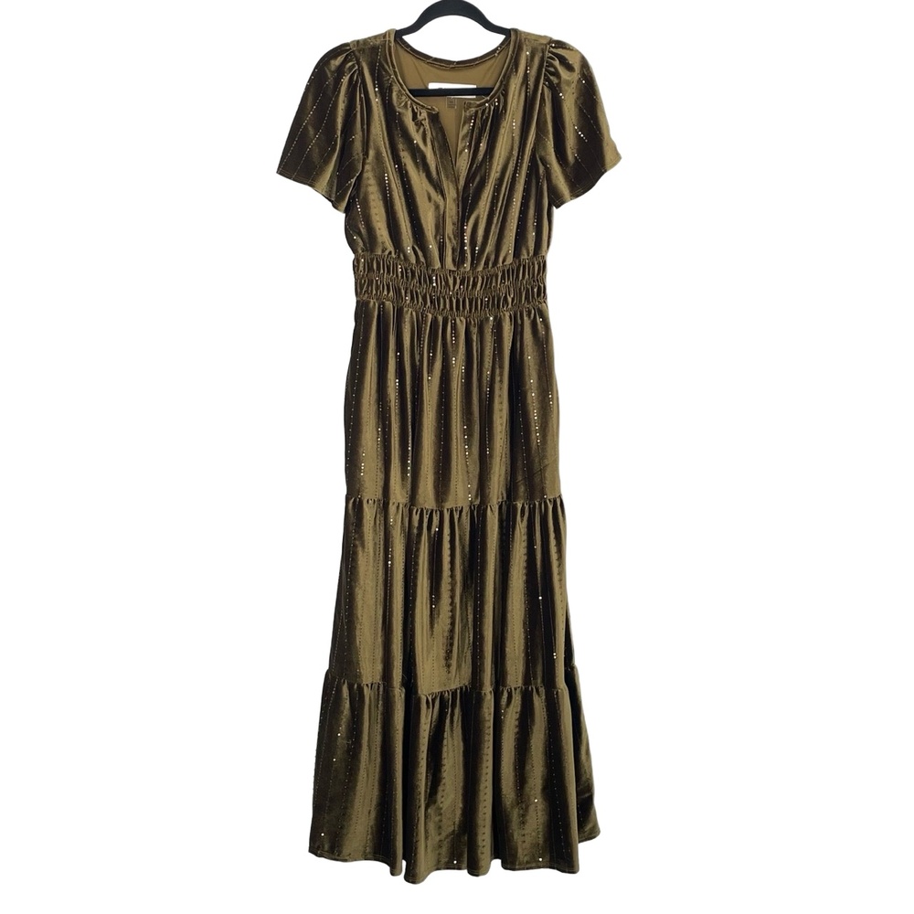 TAYLOR Women's Olive Green Velvet Sequin Tiered‎ Shirred Maxi Dress Size XS